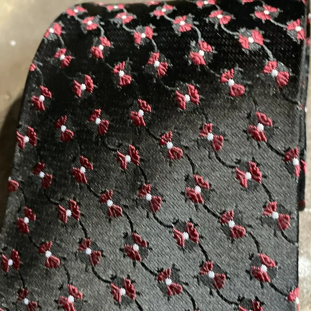 Kai Long Tie 100% Silk Black/red Bow Pattern Handmade
